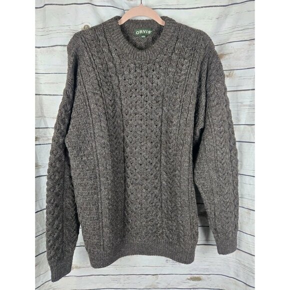 Orvis 100% Pure New Wool Fisherman Cable Knit Sweater Brown Mens L Ireland - Picture 1 of 9